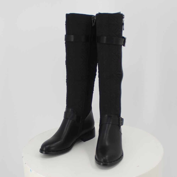 Buckle Detail Knee High Zip Lug Sole Boots in Black Faux Leather, Women’a - Picture 3 of 15